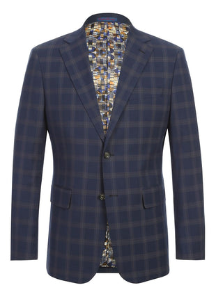 English Laundry Blue & Tan Windowpane Slim Fit Notch Lapel 2 Button Stretch Suit