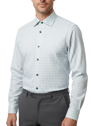 Mens Check Green and Blue Contemporary Fit Cotton Blend Stretch Spread Collar Dress Shirt