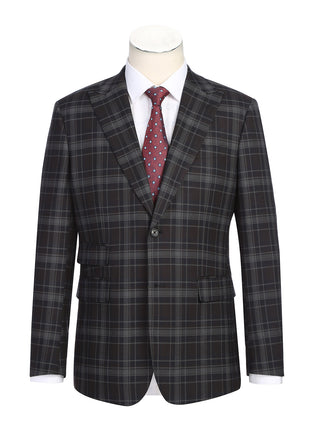 English Laundry Grey & Brown Windowpane Slim Fit Peak Lapel Two button Stretch Suit