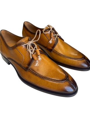 Mezlan Fratello Cognac Pebbled Leather Apron Toe Derby Dress Shoes
