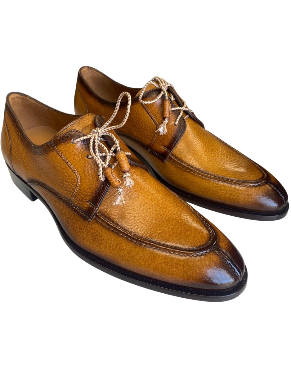 Mezlan Fratello Cognac Pebbled Leather Apron Toe Derby Dress Shoes, 9 / Medium Mezlan Fratello Cognac Pebbled Leather Apron Toe Derby Dress Shoes, 9 / Medium