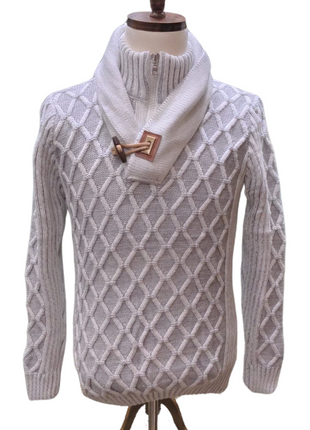 Young Republic Solid Light Gray Ecru Cotton Blend Shawl Neck Aran Sweater