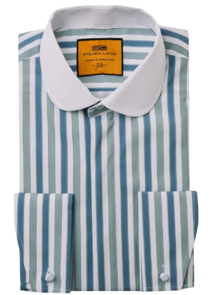 Steven Land Green & Teal Striped Club Collar French Cuff 100% Cotton Wrinkle & Shrink Free Dress Shirt
