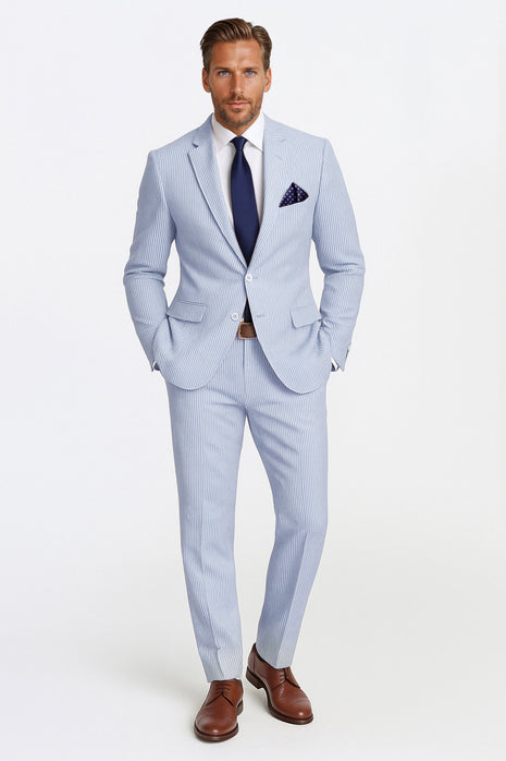 Emigre Classic Fit Blue Striped Two Button Cotton Seersucker Suit