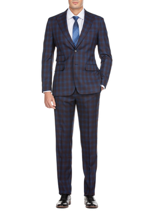 English Laundry Mens Navy with Brown Check Slim Fit Peak Lapel 2 Button Stretch Suit