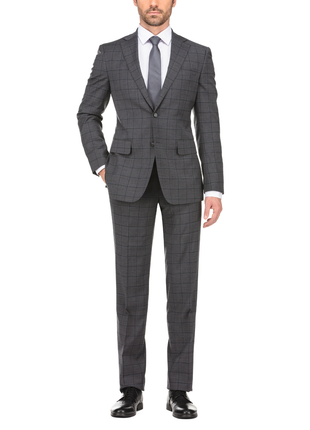 English Laundry Grid Check Charcoal Gray Slim Fit Notch Lapel Wool Stretch 2 Button Suit
