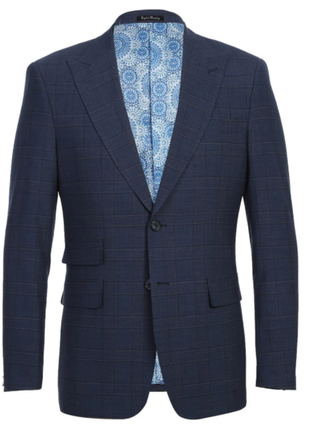English Laundry Navy Windowpane Slim Fit Peak Lapel Wool Blend Stretch 2 Button Suit