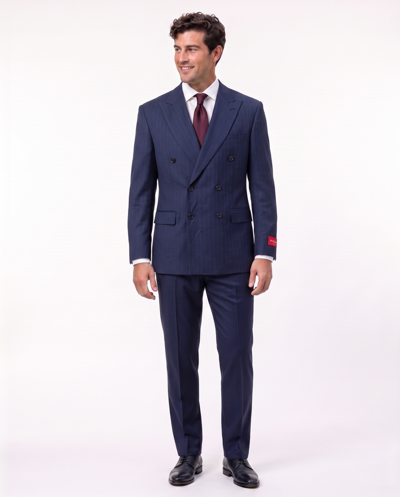 Mazara Mens Dark Navy Pinstriped Classic Fit Double Breasted Wool