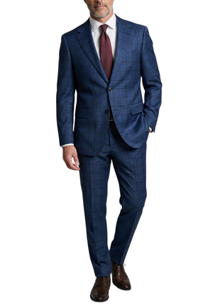 Centrion Mens Blue Windowpane Classic Fit Notch Lapels 2 Button Wool Suit