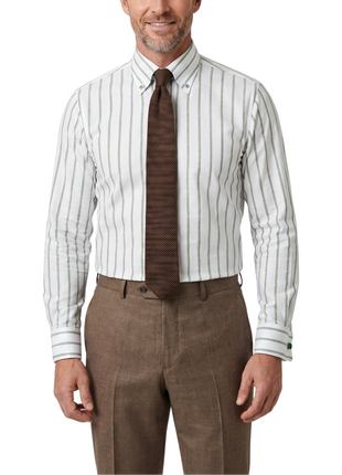 Steven Land White & Sage Green Striped Button-Down Collar French Cuff Cotton Dress Shirt