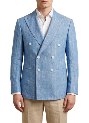 Canuti Blue Modern Fit Peak Lapel Linen-Cotton Double Breasted Sport Coat