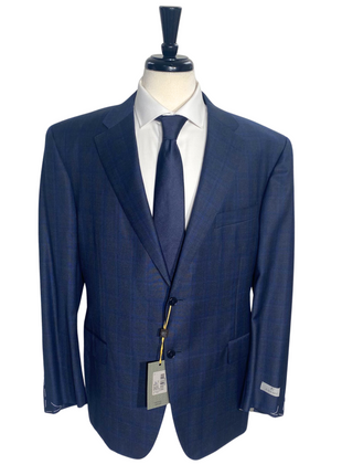 Canali Navy Blue Plaid Notch Lapel Classic Fit 100% Wool 2 Button Suit 44L
