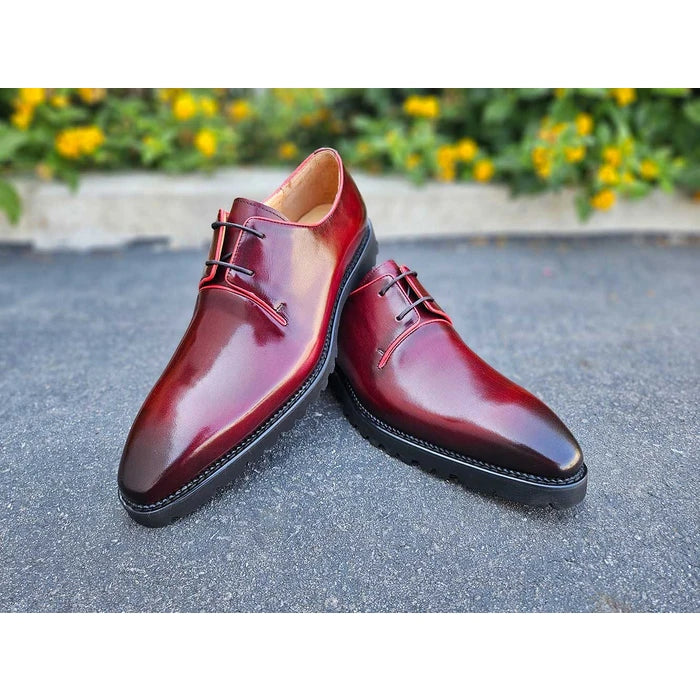 Carrucci Mens Burgundy Lace-up Oxford Leather Dress Shoes With Lug Sole