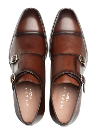 Mezlan Mens Chocolate Brown Cap Toe Double Monk Strap Leather Dress Shoes