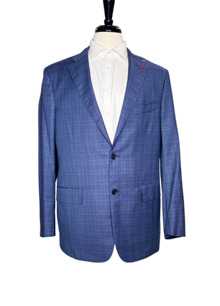 Isaia Mens Blue Windowpane Fully-Canvassed Notch Lapel Slim Fit 2-Button Wool Suit - 44L