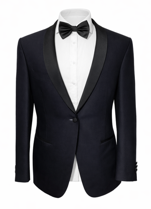 Canali Solid Midnight Blue With Black Satin Shawl Lapel Slim Fit 1-Button Wool Tuxedo 46R - The Suit Depot