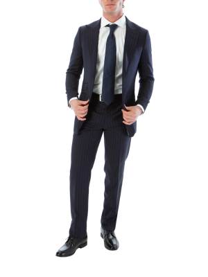 Sartoria Mazara Mens Slim Fit Navy Blue & Gray Pinstriped 100% Wool Suit With Peak Lapels