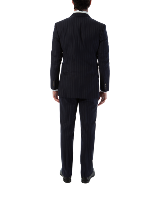 Sartoria Mazara Mens Slim Fit Navy Blue & Gray Pinstriped 100% Wool Suit With Peak Lapels