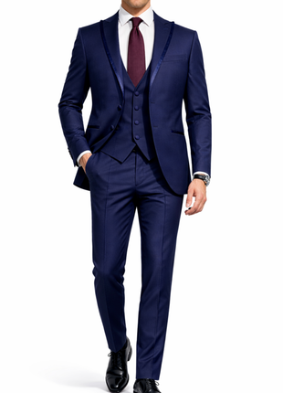 Corneliani Mens Solid Navy Fully-Canvassed Satin Peak Lapel Slim Fit 3-Piece Wool Tuxedo Suit - 40R - The Suit Depot