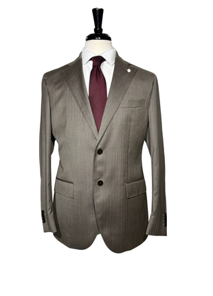 Luigi Bianchi Mantova Mens Brown Herringbone Notch Lapel Classic Fit 2-Button Wool Silk Suit - 40R
