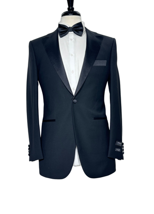 Galvani Collezione Mens Solid Black Satin Peak Lapel Classic Fit 1-Button Wool Tuxedo - 36R