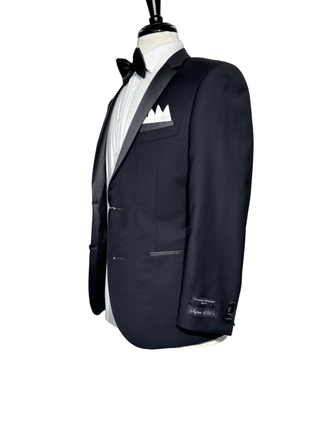 Giovanni Bresciani Mens Solid Black Satin Notch Lapel Slim Fit 2-Button Wool Tuxedo - 36S