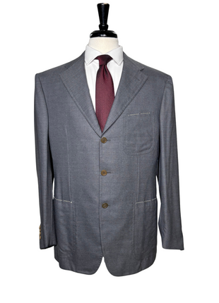 Sartoria Partenopea Mens Gray Micro-Check Notch Lapel Slim Fit 3-Button Wool Cashmere Suit With Patch Pockets - 44R