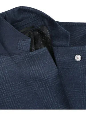 Pelago Navy Blue Windowpane Slim Fit Notch Lapel 2-Button Half Canvassed Stretch Blazer With Patch Pockets