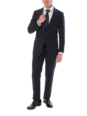 Sartoria Mazara Mens Classic Fit Navy Blue With Gray Pinstriped 100% Wool Suit With Peak Lapels