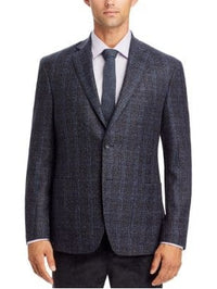 Thumbnail for Mens Navy Blue Plaid 100% Wool Half Lined Two Button Blazer Sportcoat