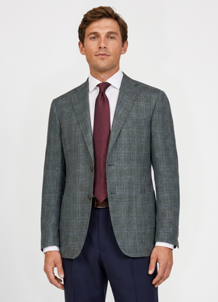 Canali Sage Green & Light Blue Windowpane Modern Fit 2-Button Wool Silk Linen Sport Coat 42L
