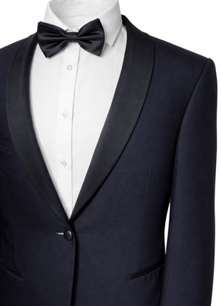 Canali Solid Midnight Blue With Black Satin Shawl Lapel Slim Fit 1-Button Wool Tuxedo 46R - The Suit Depot