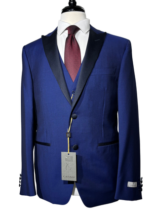 Canali Royal Blue Tuxedo Slim Fit Satin Peak Lapel 3-Piece Suit - 44R - The Suit Depot