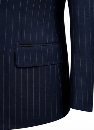Tovaglia Mens Blue Pinstriped Classic Fit Peak Lapel Double Breasted Wool Suit
