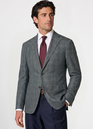 Canali Sage Green & Light Blue Windowpane Modern Fit 2-Button Wool Silk Linen Sport Coat 40R