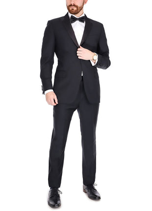 Blujacket Mens Black Italian Zignone Wool Trim Fit Notch Lapel One Button Tuxedo