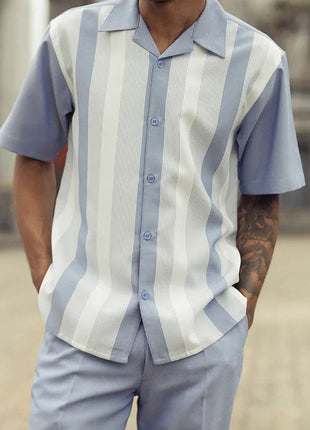 Montique Mens Blue Chambray Classic Fit 2 Piece Short Sleeve Walking Suit