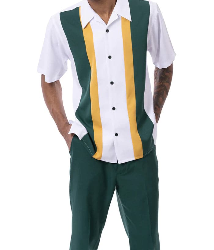 Montique Mens Emerald Green & Gold Classic Fit 2 Piece Short Sleeve Walking Suit