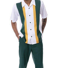 Thumbnail for Montique Mens Emerald Green & Gold Classic Fit 2 Piece Short Sleeve Walking Suit