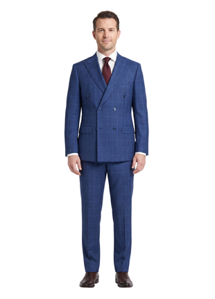 Label M  Blue Check Wool Classic Fit Peak Lapel Double Breasted Suit