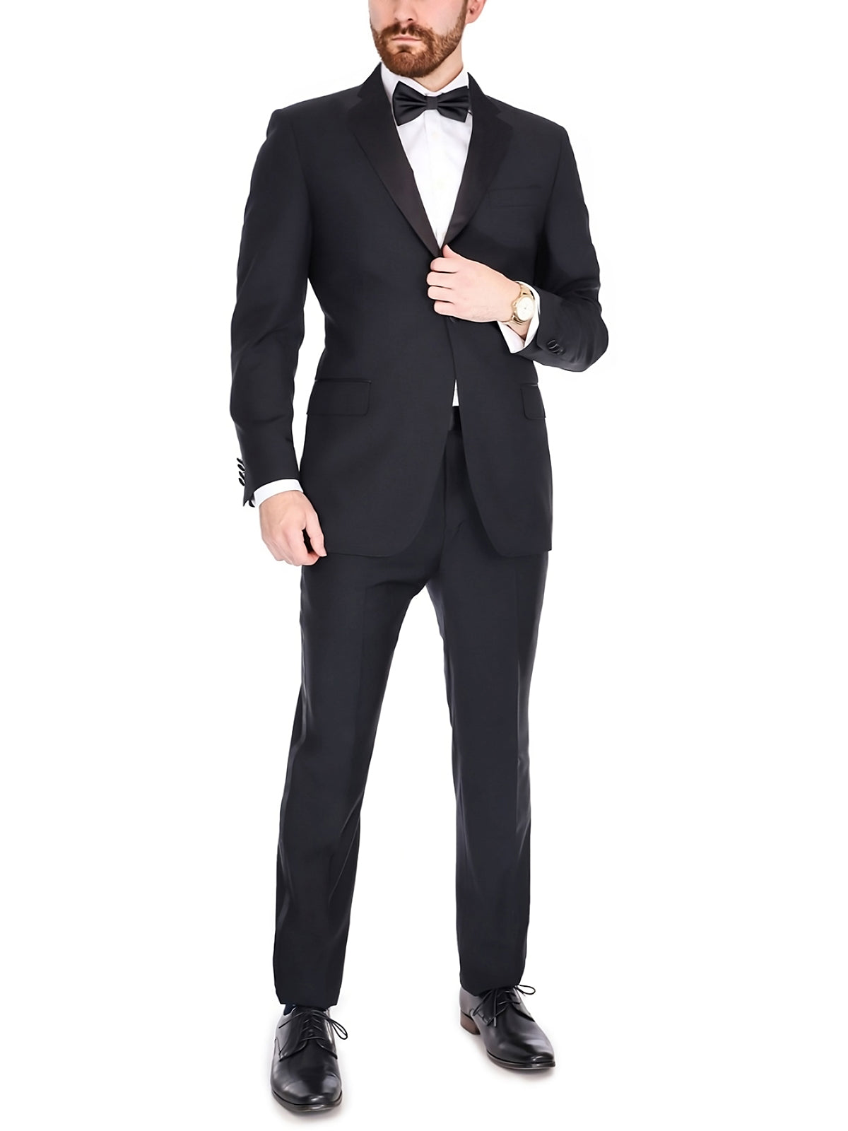 Blujacket Mens Solid Black 100% Wool Regular Fit Tuxedo Suit With Satin Lapel