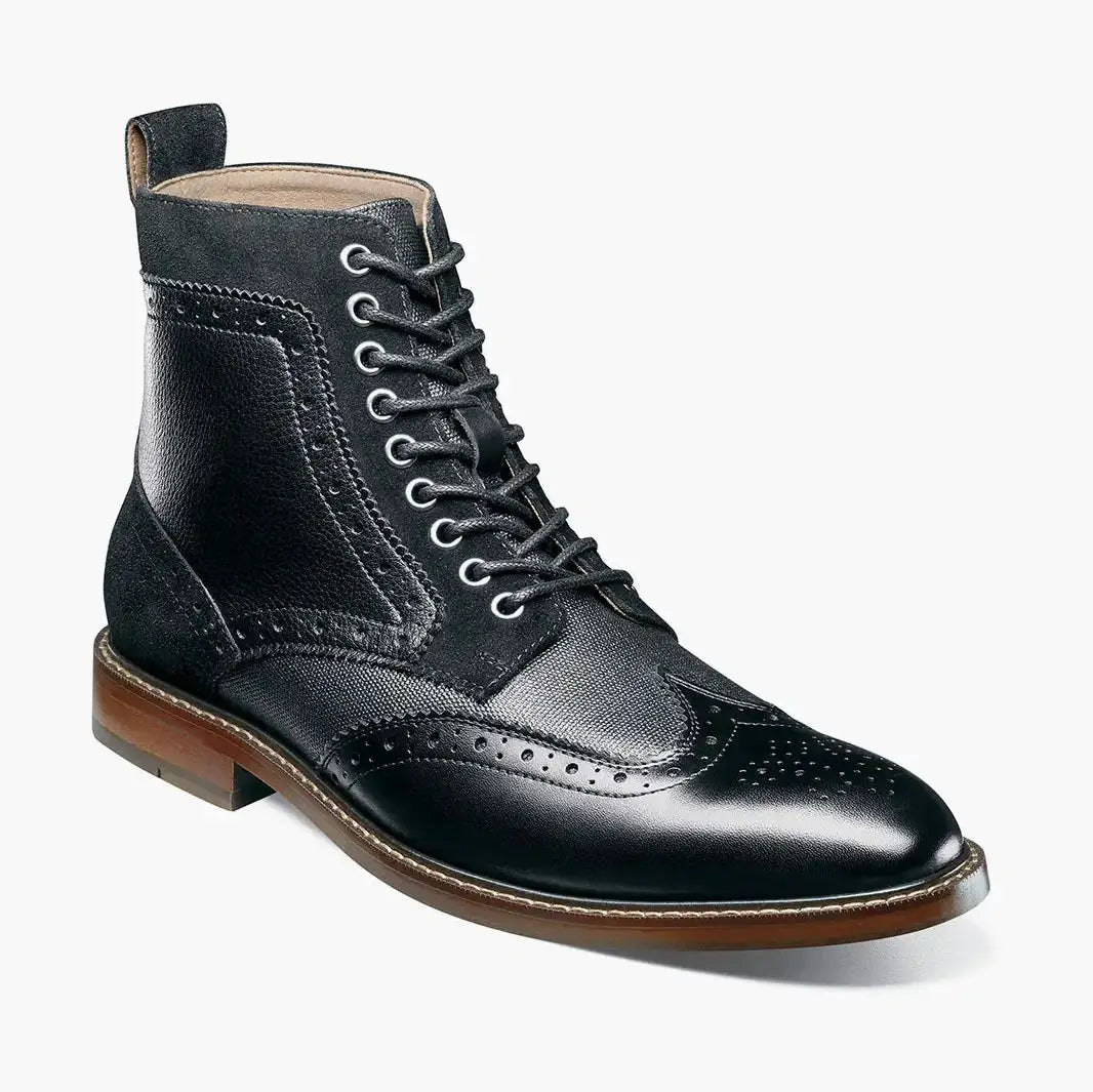 Stacy Adams Mens Finnegan Black Wingtip Lace-up Leather Dress Boot