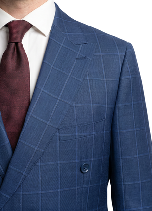 Label M  Blue Check Wool Classic Fit Peak Lapel Double Breasted Suit