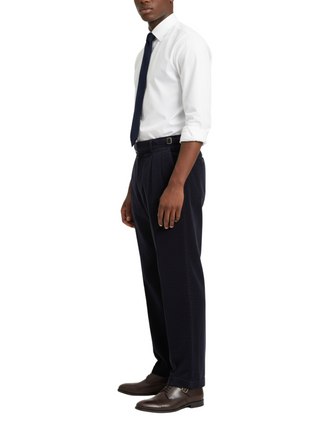 Canuti Solid Dark Navy Corduroy Pleated Front Adjustable-Tab Stretch