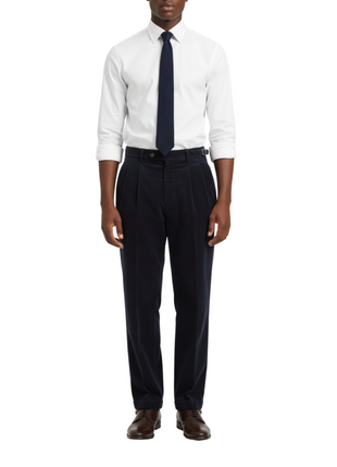 Canuti Solid Dark Navy Corduroy Pleated Front Adjustable-Tab Stretch
