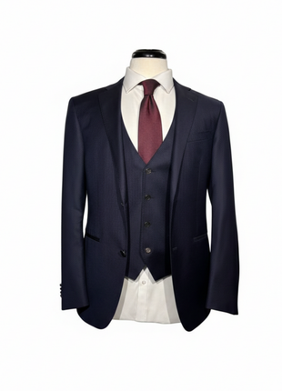 Corneliani Mens Navy Micro-Pattern Fully-Canvassed Notch Lapel Slim Fit 3-Piece Wool Suit - 38S - The Suit Depot