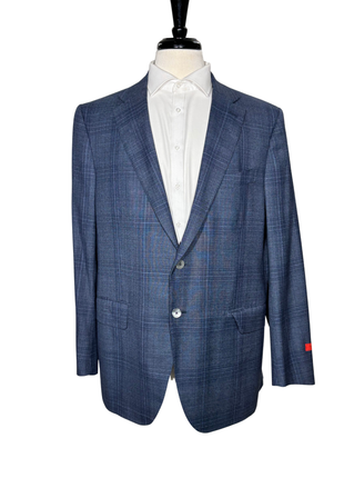 Isaia Mens Blue Plaid Fully-Canvassed Notch Lapel Classic Fit 2-Button Wool Suit - 44L