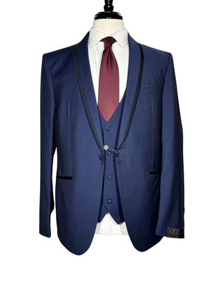 Corneliani Mens Blue With Black Trim Fully-Canvassed Shawl Lapel Slim Fit 3-Piece Wool Mohair Tuxedo - 44R