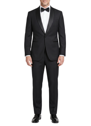 Mazara Mens Solid Black Shawl Lapel Classic Fit Wool One-Button Formal Tuxedo Suit