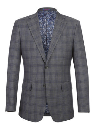 English Laundry Mens Gray & Blue Windowpane Slim Fit Notch Lapel 2 Button Stretch Suit